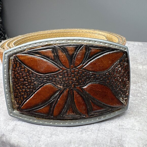 Size 38 1973 Handcrafted Brown Floral Leather Belt Intricate Buckle by Gonys main image 11